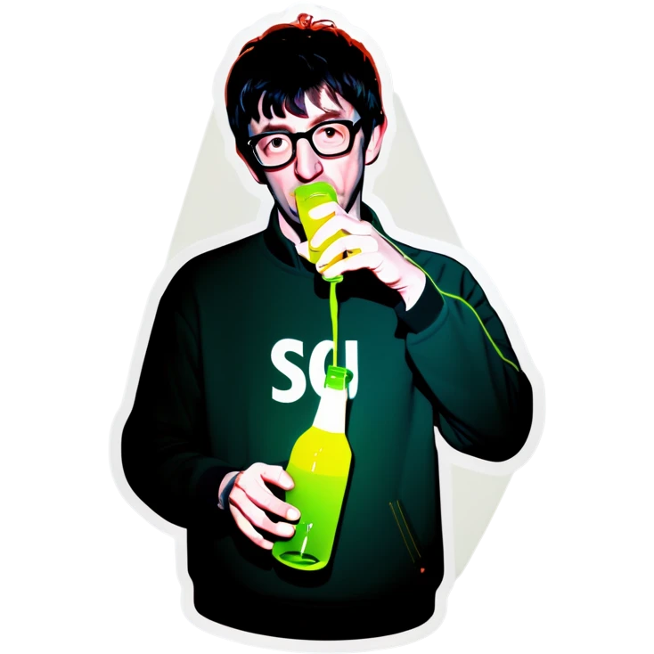 Blur guitarist Graham Coxon is drinking korean green bottle soju by right hand. emoji