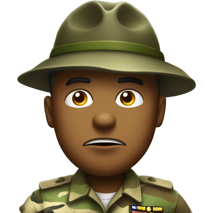 drill sergeant character wearing a classic sergeant hat and a camouflage army shirt. The character should have an angry intense expression. full torso emoji