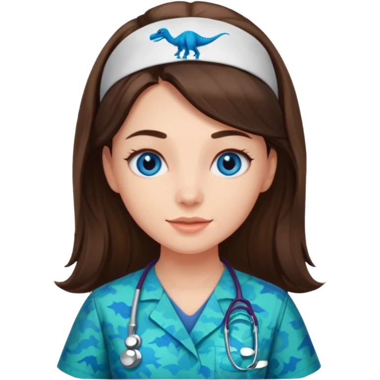 pretty brunette nurse with long hair and blue eyes in dinosaur pattern scrubs emoji