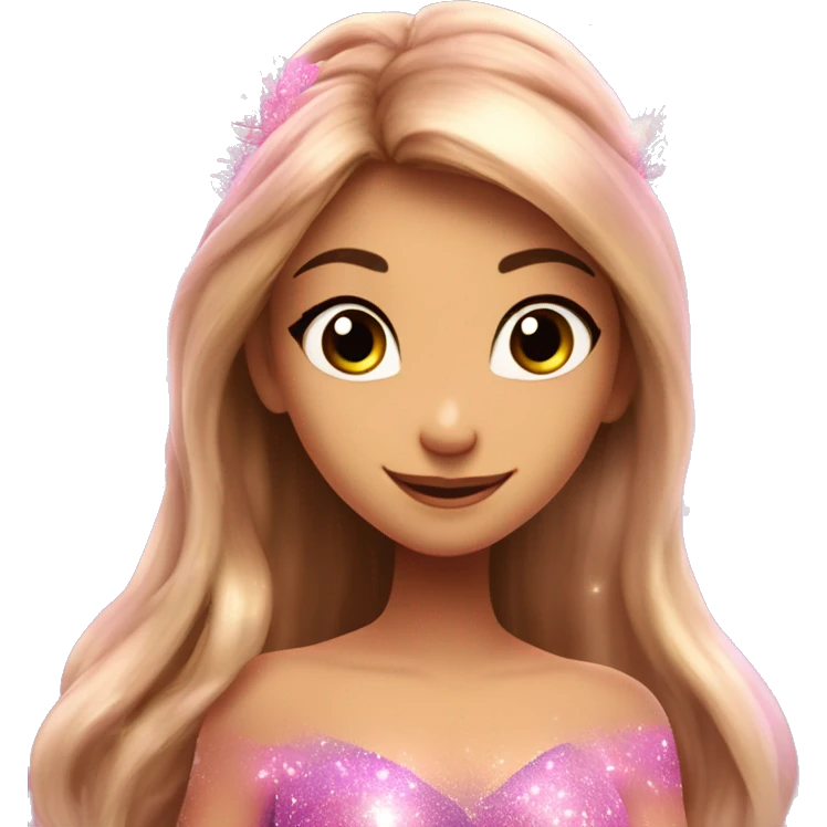 Flora the adult latina fairy of nature in her enchantix fairy pink clothing and fairy enchantix wings and long light brown hair from winx club. Small eyes, Lots of sparkles and fairydust. Full fairy bliss emoji