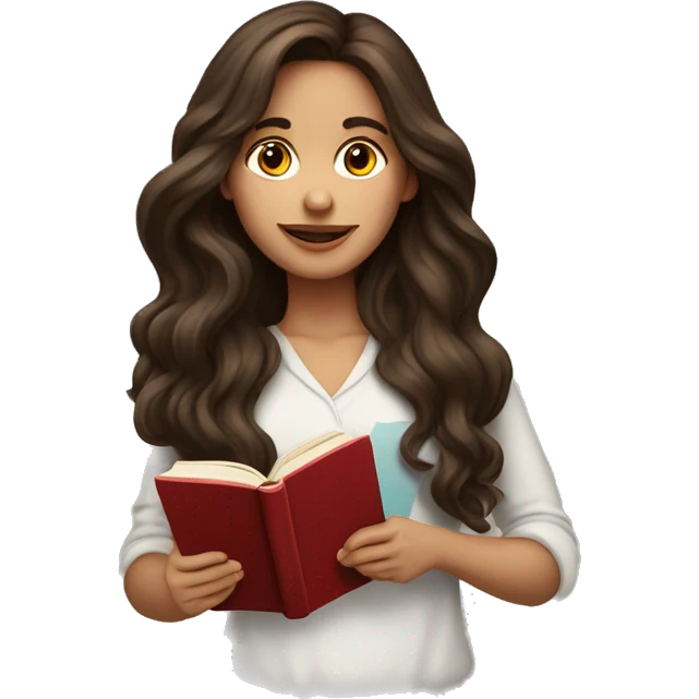 brunette long wavy hair woman love while holding and reading book emoji