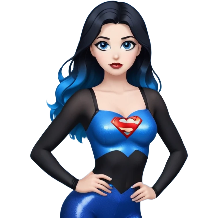 very very large chest-hands heart emoji -stunning beautiful face-black leggings-glitter lips-very long straight-dark-black to blue ombre hair-and-blue-eyes-a lot of black eyeliner-thick-long-eyelashes-sky blue with glitter superman character on bra emoji