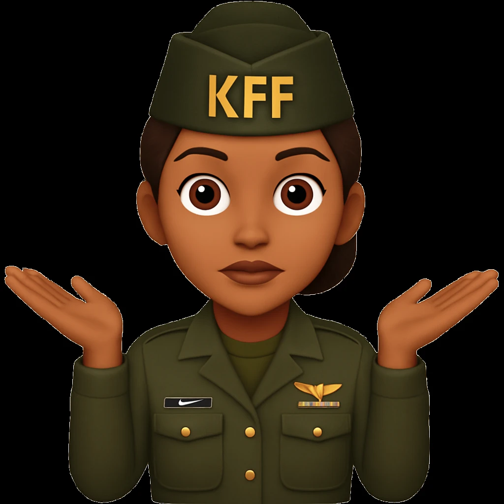 Make the girl's hairstyle a bun and add an army KFF (military cap) while keeping her brown skin, brown hair, and army attire. Keep the shrugging pose and emoji style. emoji