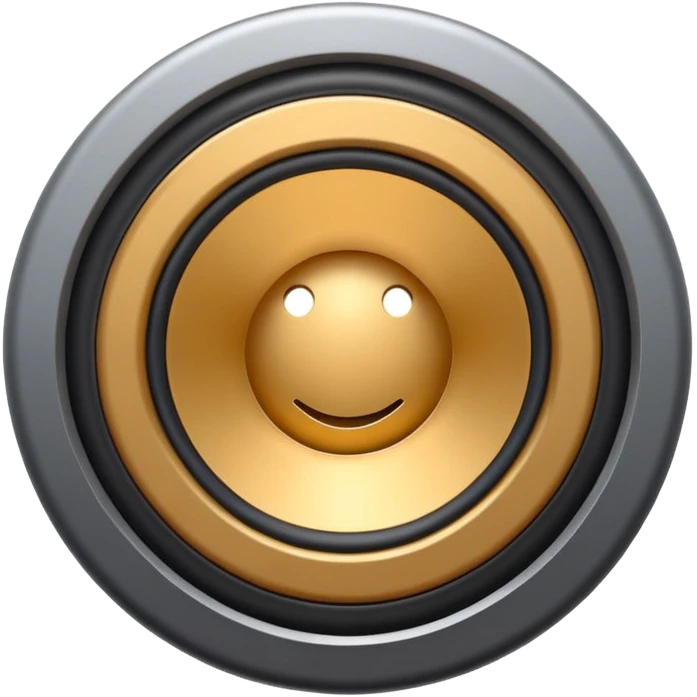 Minimal emoji icon of a modern metallic speaker, front view, detailed geometry, dark metallic body, subtle highlights, isolated emoji