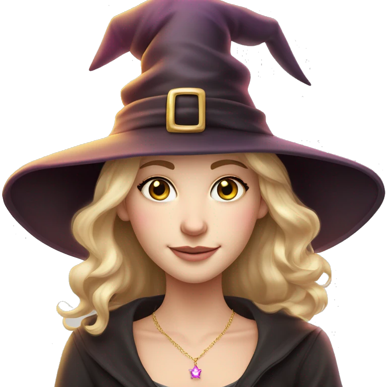 Witchy darkblonde haired hazel eyed light freckles white girl with a witty smile a gold necklace and a pink witch hat emoji