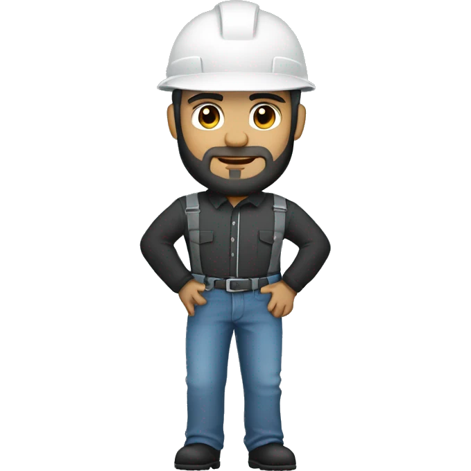 An engineer with white-skin and black-beard, standing and wearing black jeans and light blue long sleeve and white helmet  emoji