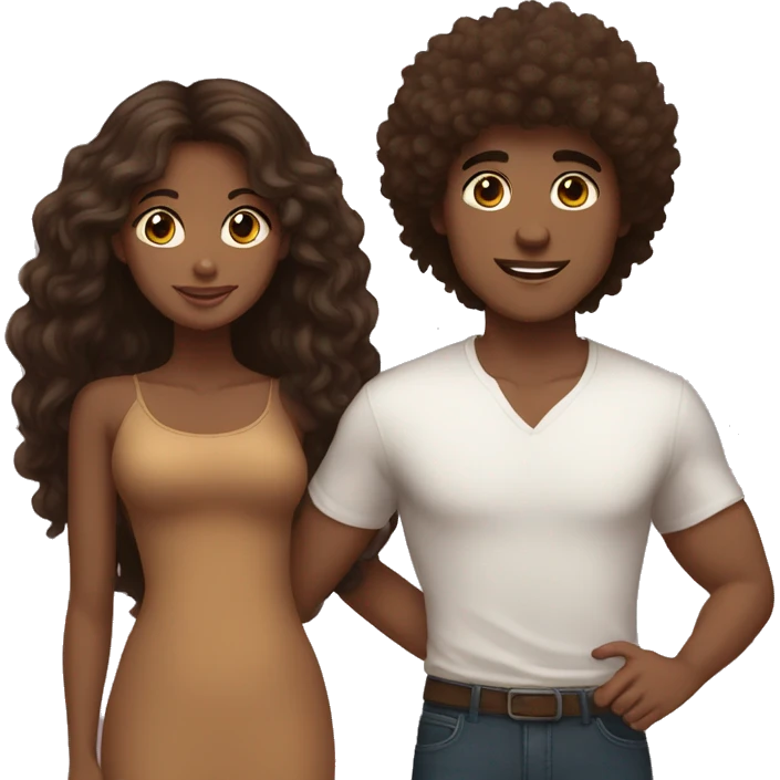 brown skin girl and white brunette boy with fluffy hairs couple emoji