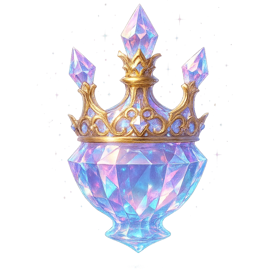 very luxurious crystal crown-shaped elixir bottle, pastel gradient, lots of glowing highlights, facets, ornaments, golden details, magical effects, very small golden neck, transparent background, beautiful merging base, clearly floating in air, no base or shadow, premium class, interesting, fits collection emoji