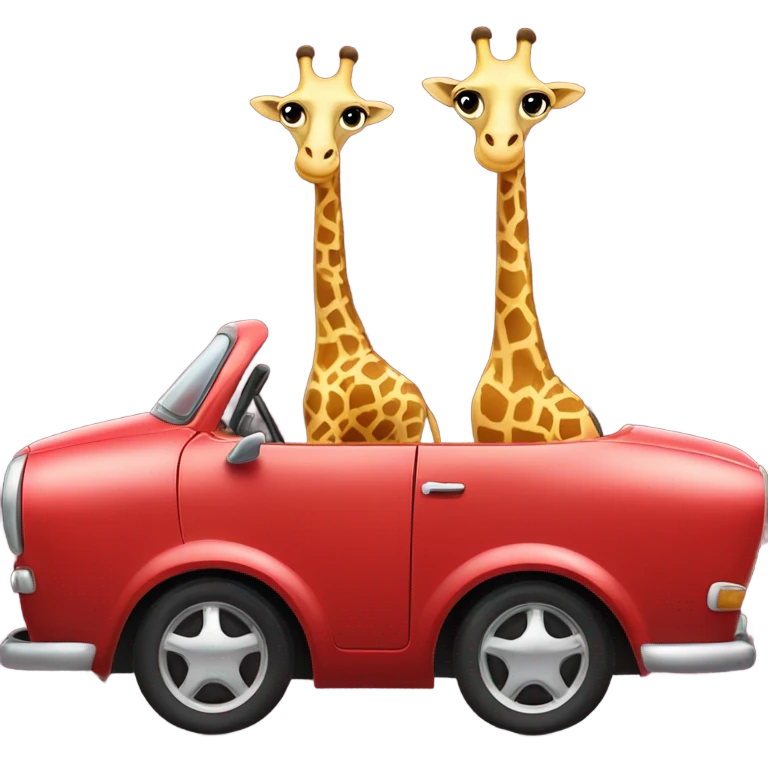 two cute giraffes driving in a red car emoji