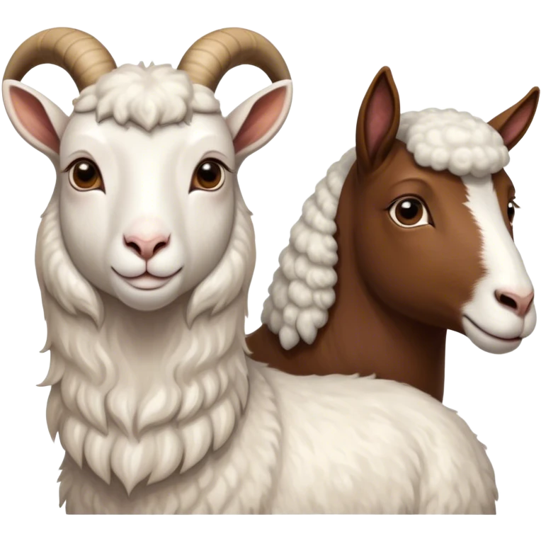 Portrait collage of domestic hooved animals: A calm goat with soft fur, a fluffy sheep with large eyes, and a noble horse with a shiny coat. Soft green meadow and distant hills in the background. Transparent background. emoji