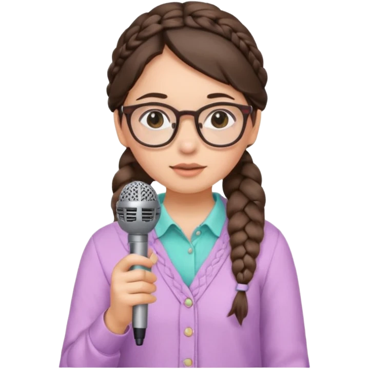 A shy braid brunette singer girl in pastel clothes with glasses, holding the mic with both hands. emoji