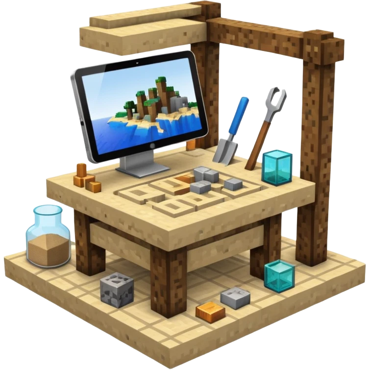 minecraft crafting station with tools, stone, wood, glass, sand, ... emoji