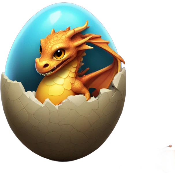 Create an image of a tiny dragon hatching from an egg in a sunlit meadow, surrounded by curious glowing butterflies. Vibrant colors, detailed scales. emoji