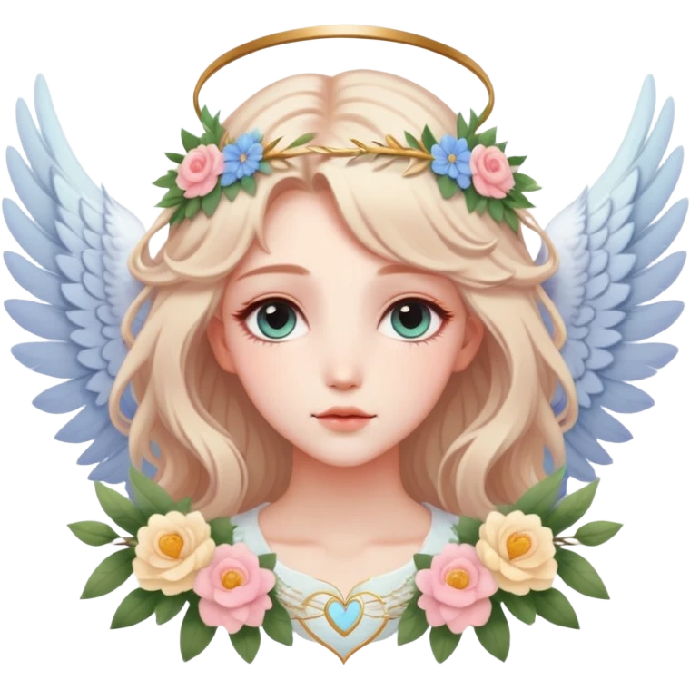Dreamy divine godly pretty pastel anime flowers feathers hearts wings angelic laurel lady with pretty hair and gorgeous eyes aesthetic emoji