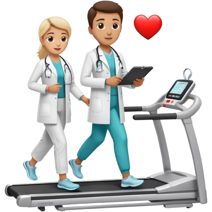 patient on a treadmill, doctor with clipboard supervising, heart monitor in background emoji