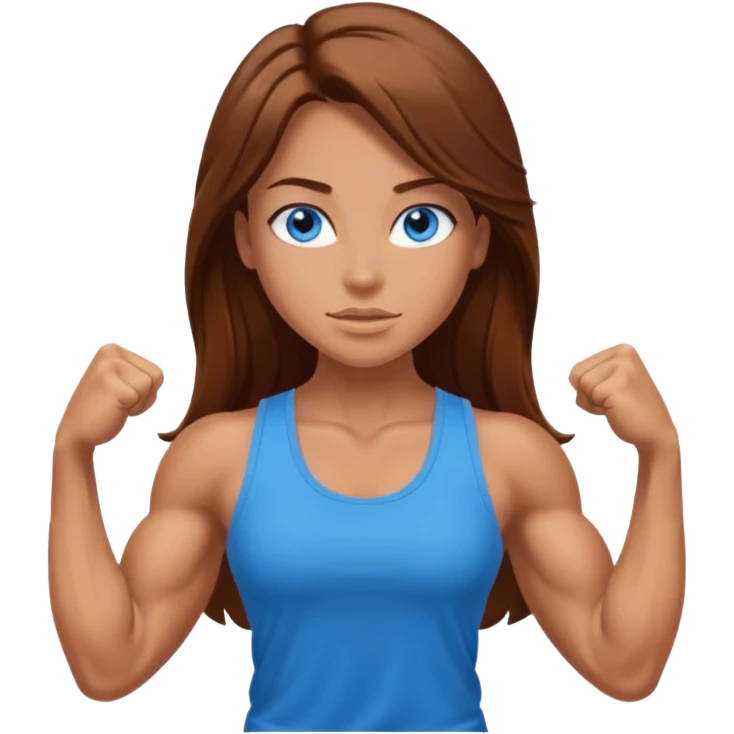 Girl with long brown hair, blue eyes and really muscular arms, flexing her muscles. Wearing a tank top emoji