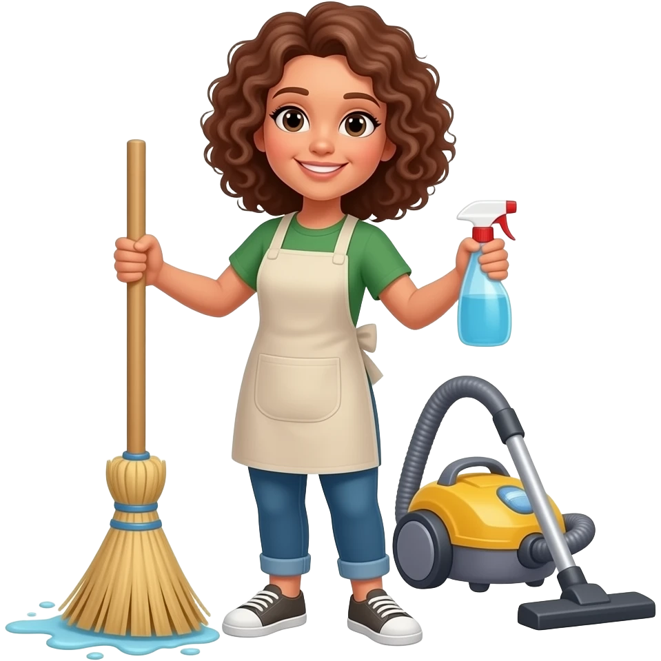 brown curly hair woman with cleaning stuff emoji