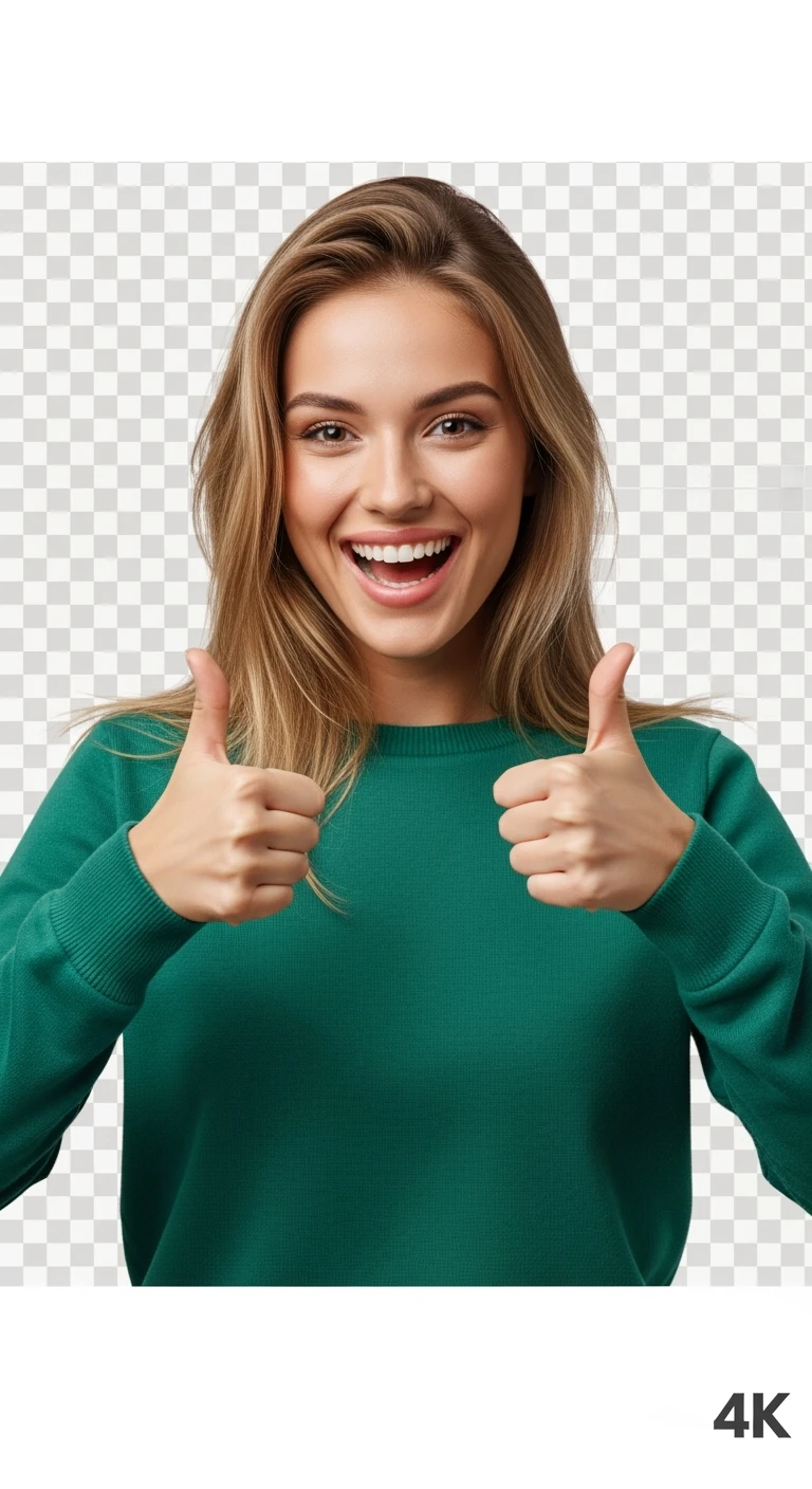 DONNA FELICE CON POLLICI ALZATI, IPERREALISTICA 4K, SENZA SFONDO emoji