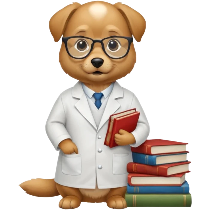 Wise dog with glasses, wearing a lab coat, perched on a stack of books. emoji