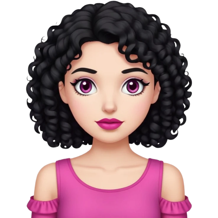 White girl with black curly hair till shoulder wearing pink top and having a dark pink lipstick emoji