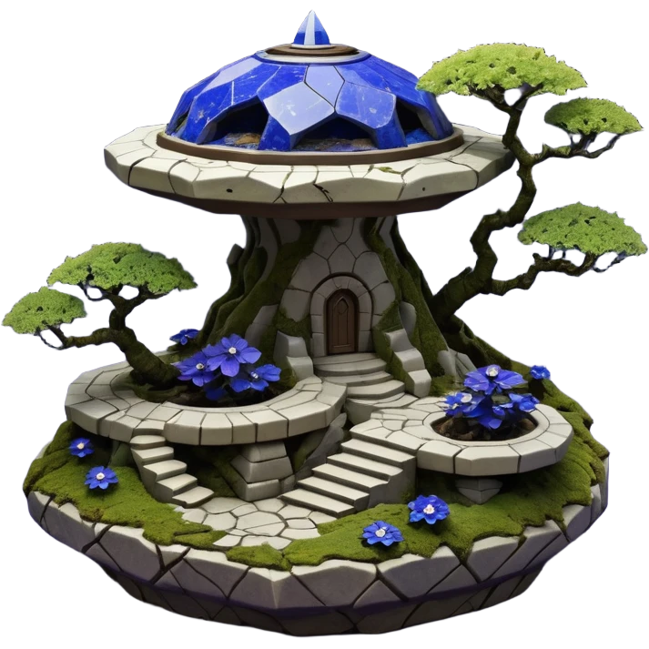  Alien saucer-castle jungle winding trail mountainside getaway haunted nighttime hobbit landscape antique mudman very old broken cracked intricately detailed Stone Age lapis-crusted irregular dodecagon-shaped shallow dark moss rough bark violet flowered maple bonsai Saikei coffee table-sized pot  emoji