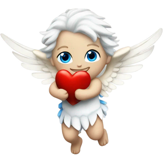 Realistic Photo of flying pale cupid with blue eyes and red heart arrow  emoji