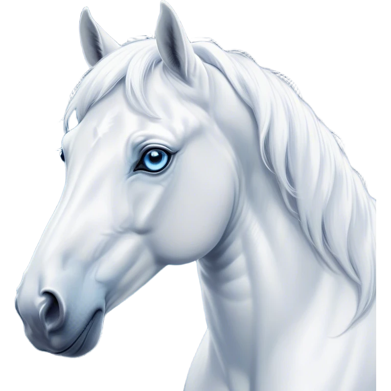 Cinematic Noble White Horse Portrait Emoji, Poised and regal, with a strong, athletic build and a pristine, well-groomed pure white fur, deep-set soulful blue eyes, Simplified yet sharp and sophisticated features, highly detailed, glowing with a soft, dignified glow, high shine, intelligent and majestic, stylized with an air of ethereal grace, focused and attentive, soft glowing outline, capturing the essence of a watchful and confident steed, so majestic it feels as though it could gallop out of the screen with effortless authority! emoji