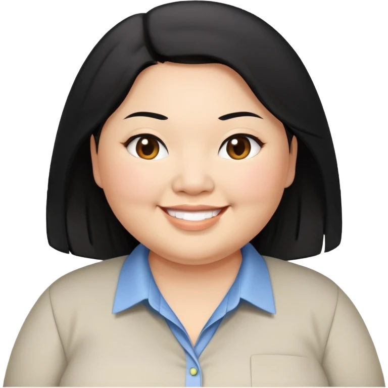 obesity Asian woman with shoulder length black hair smiling business casual shirt upper body shot emoji