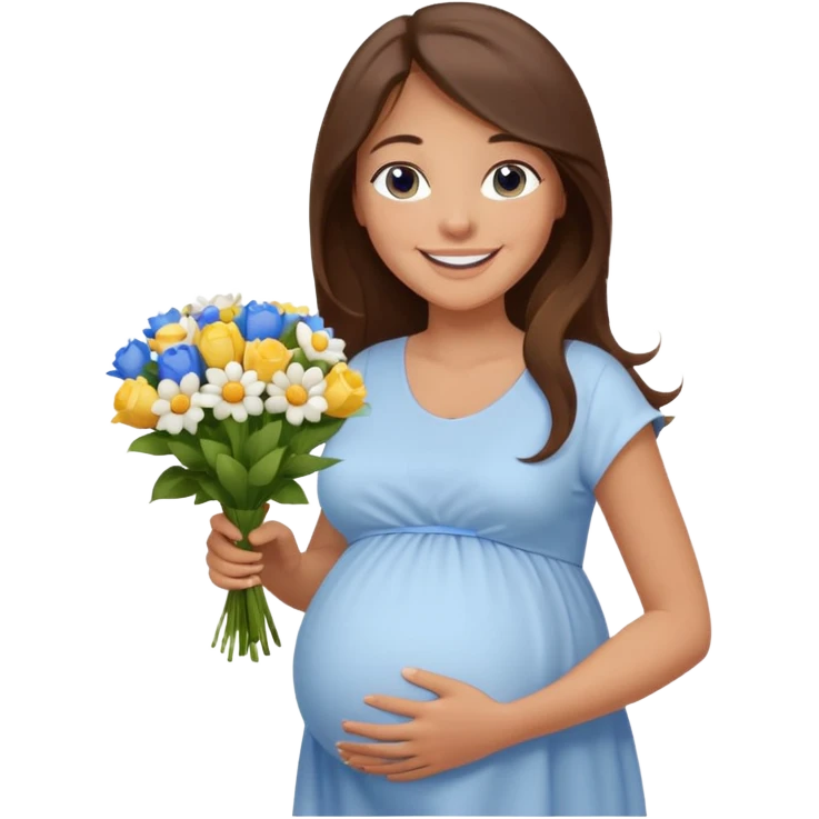 Create a cute emoji-style illustration of a young brunette woman with long brown hair, blue eyes, and a happy smile. She is pregnant, shown with a visible baby bump, wearing a simple white dress and holding a small bouquet of flowers. She looks excited and joyful, as if she's about to marry soon. emoji
