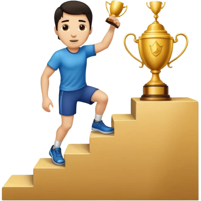 UN HOMBRE DE PIEL CLARA Y PELO OSCURO SUBIENDO ESCALERAS PARA ALCANZAR UN TROFEO QUE ESTA EN EL ULTIMO ESCALON emoji