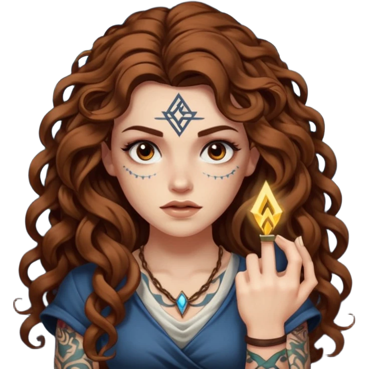 woman with long curly brown hair, brown eyes, white skin, tattoos, raising one eyebrow as a rune lights up “obvious” emoji