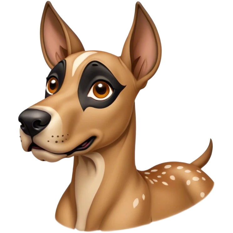 Cinematic Comical Fawn Great Dane Portrait Emoji, Head tilted dramatically with an exaggeratedly amused expression, featuring a sleek fawn coat with a subtle dark mask, wide, expressive amber eyes filled with playful disbelief, Simplified yet hilariously expressive features, highly detailed, glowing with a slightly sassy glow, high shine, dramatic yet playful, stylized with an air of cheeky mischief, bright and endearing, soft glowing outline, capturing the essence of a spirited and over-the-top guardian, so meme-worthy it feels like it could side-eye its way into internet fame instantly! emoji