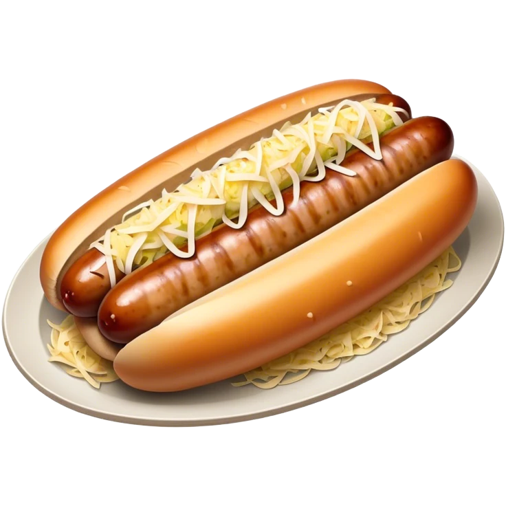 Bratwurst Cinematic Realistic Bratwurst Dish Emoji, depicted as a grilled bratwurst topped with a generous serving of shredded sauerkraut, rendered with rich textures and dynamic, appetizing lighting. emoji