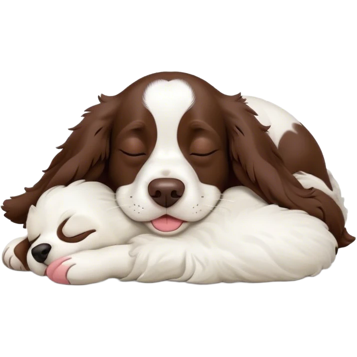 Meme-Worthy Cute Sleeping Springer Spaniel Portrait Emoji, Head resting peacefully with a contented smile, showcasing a delightfully agile build and a luxuriously soft liver and white Fur, eyes shut in a serene nap, Simplified yet hilariously adorable features, highly detailed, glowing with a soft, drowsy light, high shine, relaxed and utterly lovable, stylized with an air of playful laziness, bright and heartwarming, soft glowing outline, capturing the essence of a comically sleepy companion, so meme-worthy it feels like it could instantly become the next viral sensation of adorable slumber! emoji