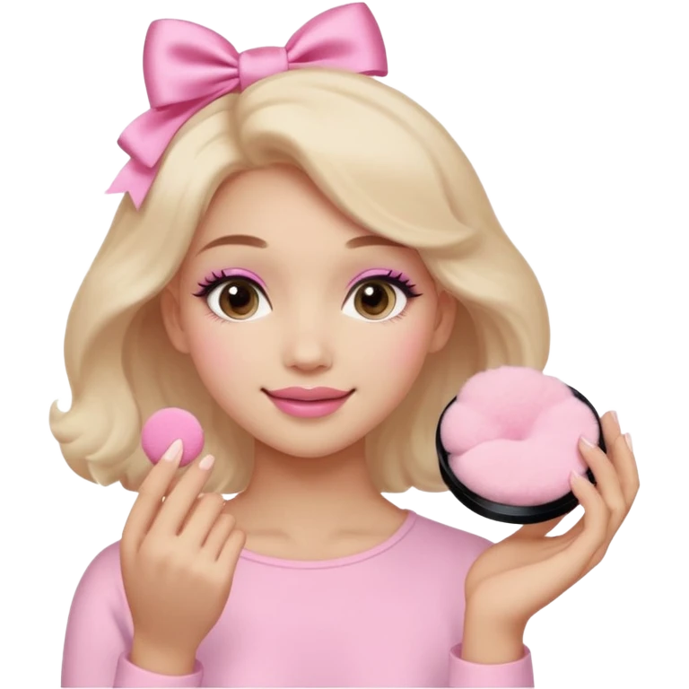 female face, light skin tone, small simple closed smile. One hand visible holding a round fluffy pink makeup powder puff pressed to the cheek; the puff has a small satin bow. emoji