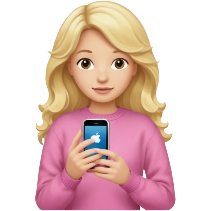 Blonde Long wavy hair Kendall Jenner with a pink sweater holding an iPhone emoji