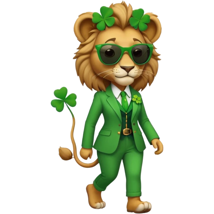 confident anthropomorphised female lion in St. Patrick's Day green clothes with shamrock accessories, dark sunglasses, walking upright, looking self-assured emoji