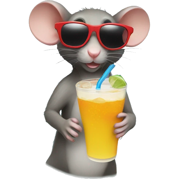Little rat with sunglasses on with a drink by the beach emoji