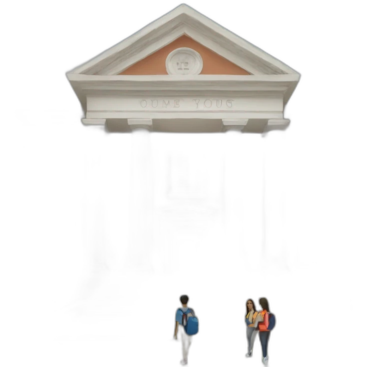 image of college building with a student emoji
