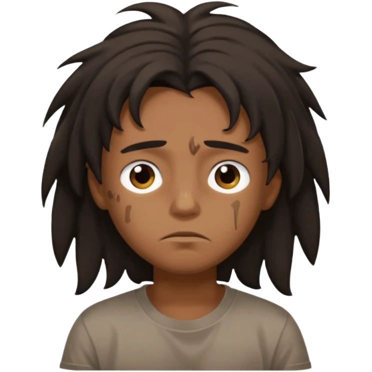 generate a pretty bratz brown skinned boy with black messy long hair wearing a brown tshirt in bed. Looking sleepy emoji