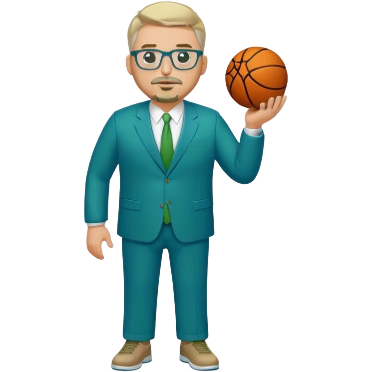 Full Body plus size white male basketball team manager with glasses blondish gray short hair with a goatee wearing blue and green suit emoji