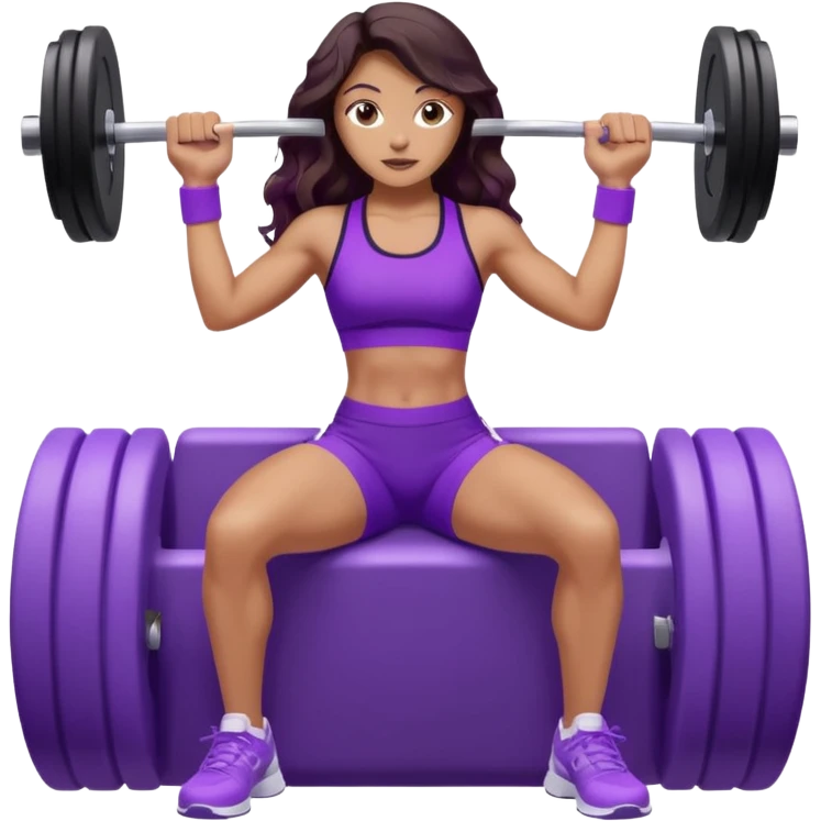 mujer de tez trigueña, con cabello castaño oscuro ondulado hasta la cadera estilizado, con ropa deportiva morada/lila, tenis blancos deportivos y levantando una pesa emoji