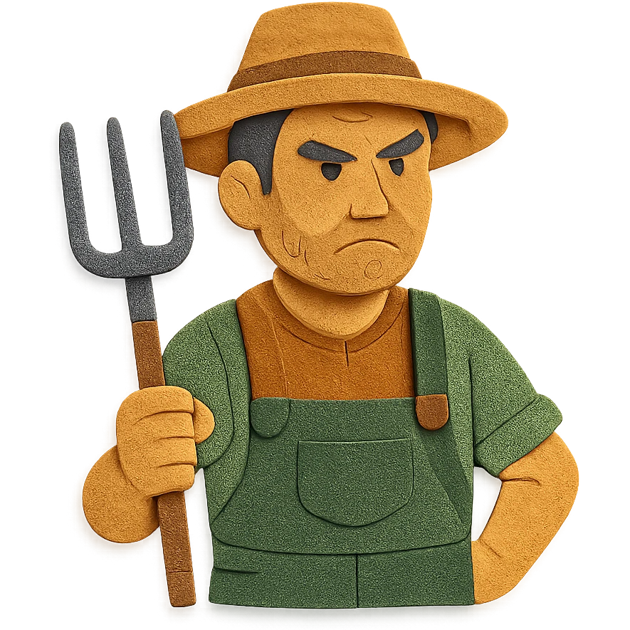 paper craft style illustration of a determined middle-aged farmer, sun-bleached face, black hair, stubble, green trousers, suspenders, green T-shirt, straw hat, holding pitchfork, warm golden-brown textured background, bold lines, vibrant earth tones, rural America emoji