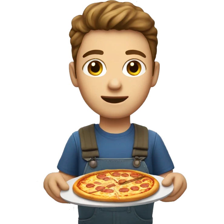 Young white farmer with brown hair and brown eyes eating pizza and fries emoji