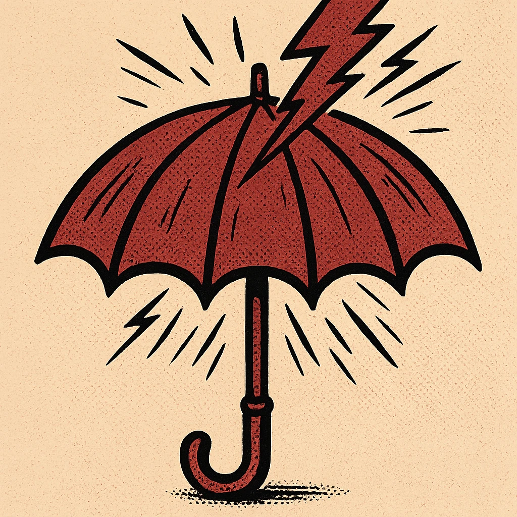 an umbrella with lightning in burgundy color emoji