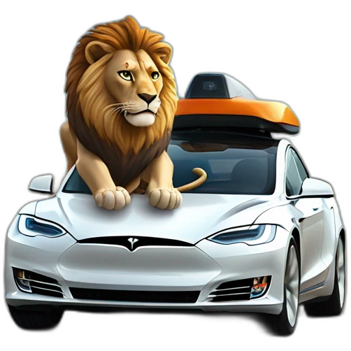 fun lion surfing on a tesla and the letters AWS are written on the side emoji