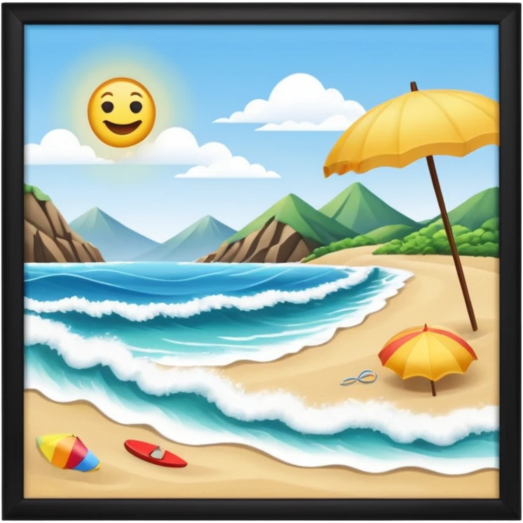 scene emoji beach, parasol, wave, eco-friendly habitat, mountains in background emoji