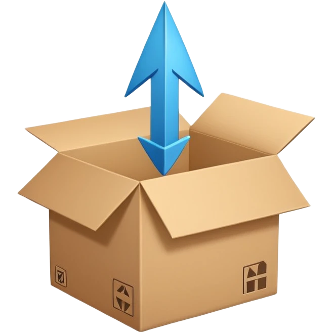 Minimal line-art icon of a shipping box with an arrow going up or a price tag, simple modern style, clean outlines, slightly 3D, no background, transparent, represents “reselling / e-commerce / flipping items” emoji