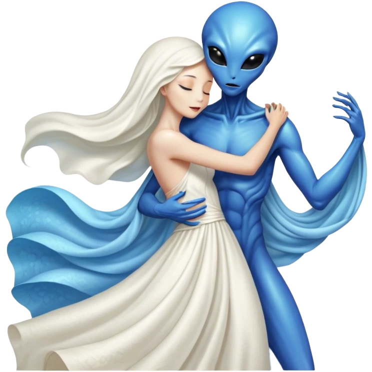 Alien woman in white dress hugs and kissing "white male human man" emoji