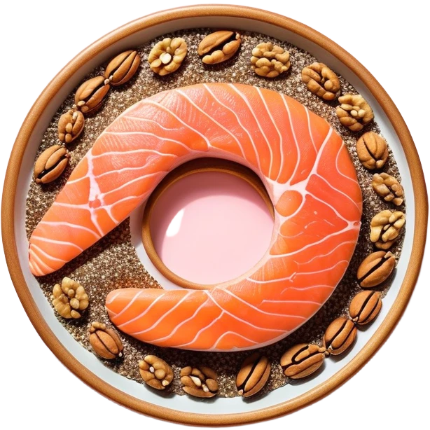 Floating arrangement of omega-3 rich foods: fresh salmon fillets, walnuts, flaxseeds, chia seeds and golden omega-3 capsules, all emitting a soft golden glow. The foods orbit around a central shimmering omega symbol, with gentle flowing energy connecting them. emoji